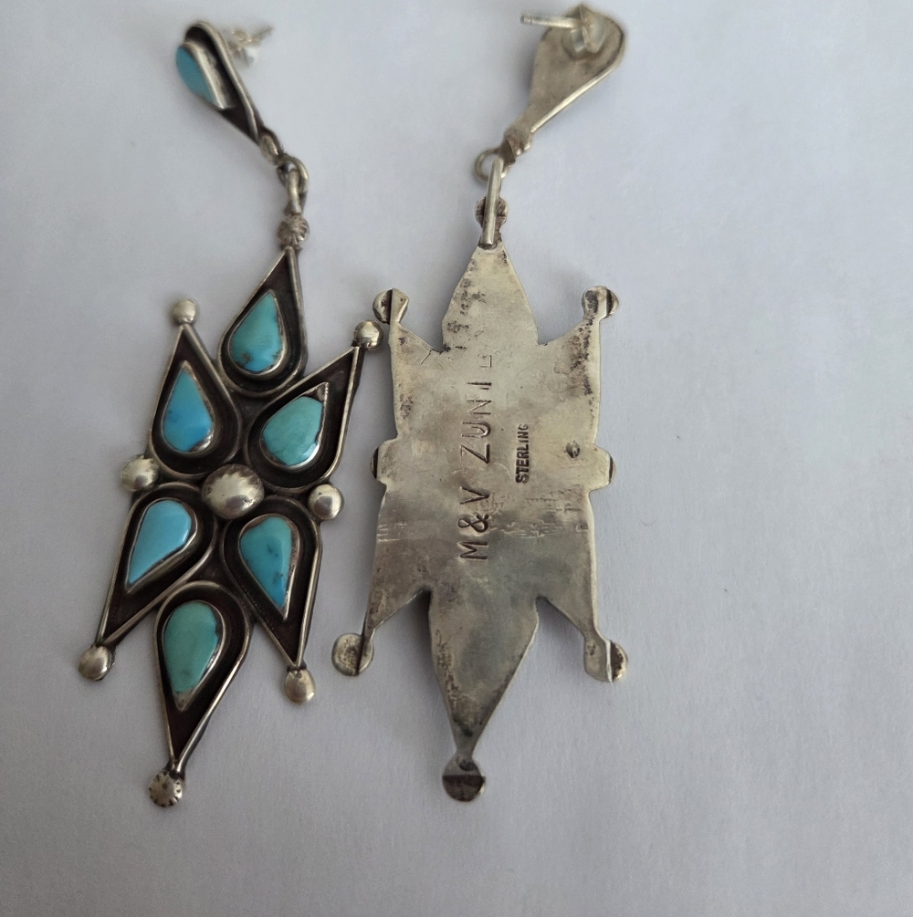 Vintage Signed Turquoise Silver Dangle Earrings - Picture 2 of 5